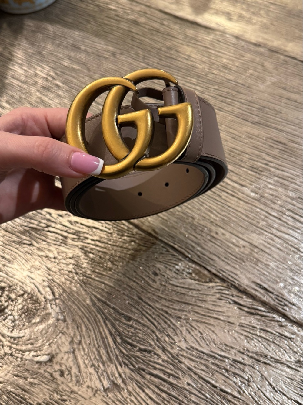 Gucci Double G Buckle Belt in Taupe with Antique Gold Hardware
